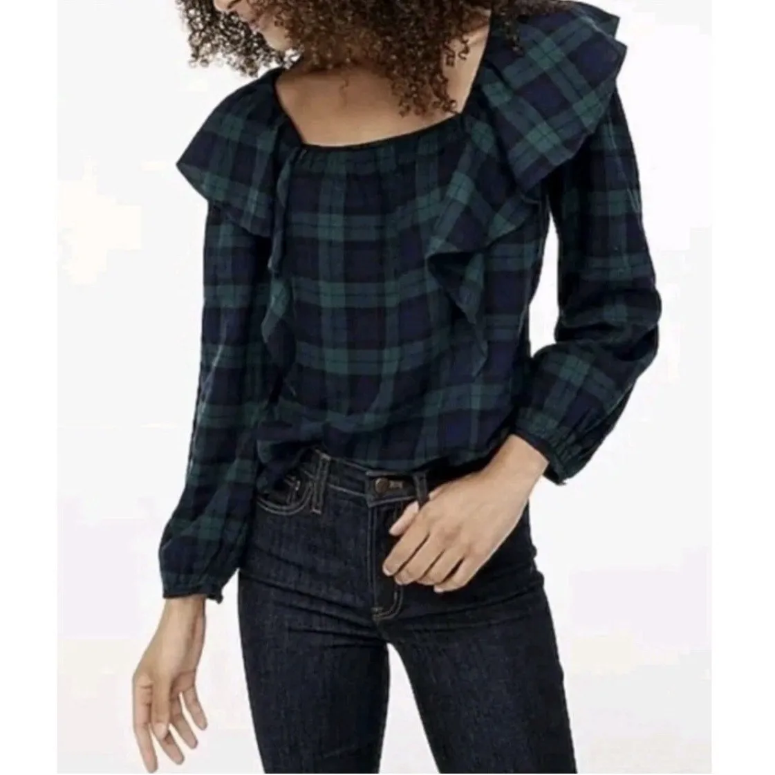 J.Crew Blackwatch Blue Green Flannel Squareneck Ruffle Top Women Size Petite XS - Image 2