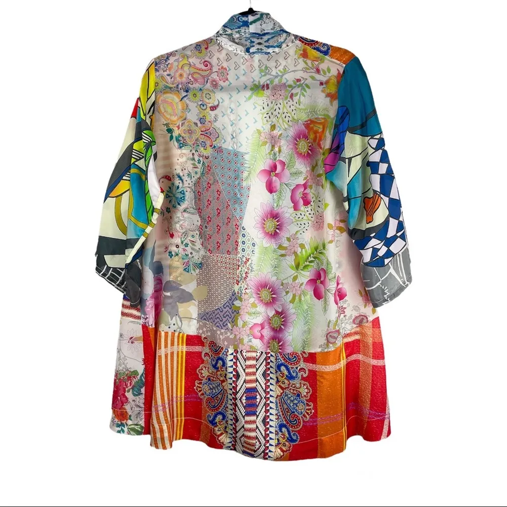 Johnny Was Patchwork Print Multicolor Silk Kimono Top Oversized Sz XS - Image 4