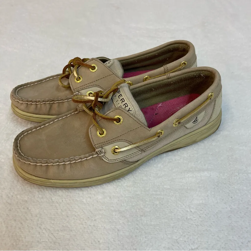 SPERRY TOP SIDER Bluefish Linen Gold Suede Leather Boat Shoes Women's Size US 8 - Image 5