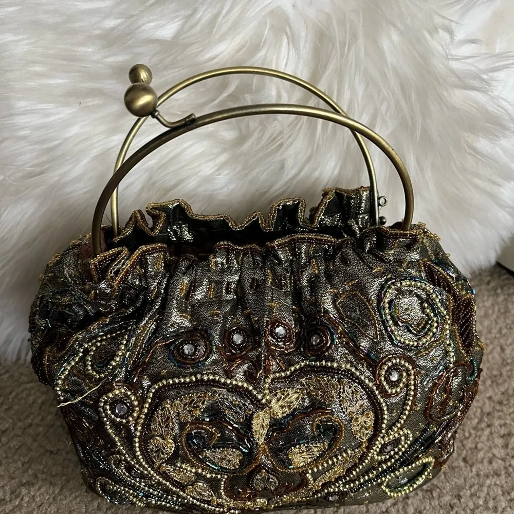 Vintage 70s Gold beaded lame egyptian flapper girl formal purse evening clutch - Image 7