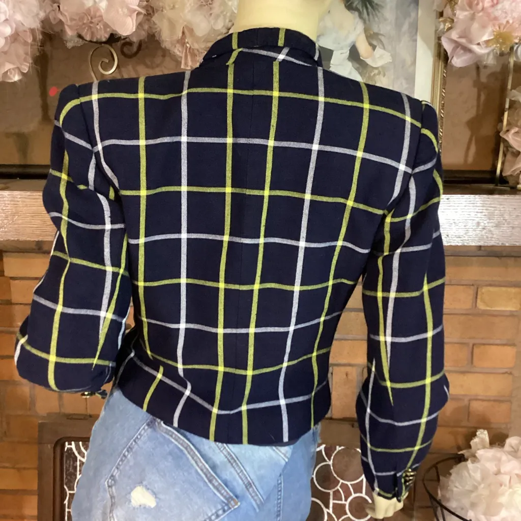 VINTAGE 1990'S KASPER FOR ASL BLUE & YELLOW PLAID CROPPED BLAZER (4) - Image 5