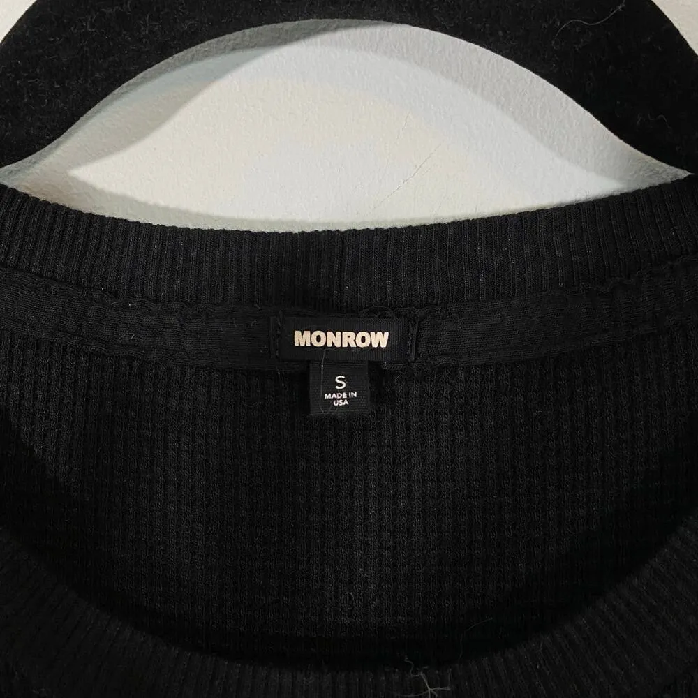 Monrow Women's Black Crew Neck Long Sleeve Waffle Knit Top Size S Made in USA - Image 3
