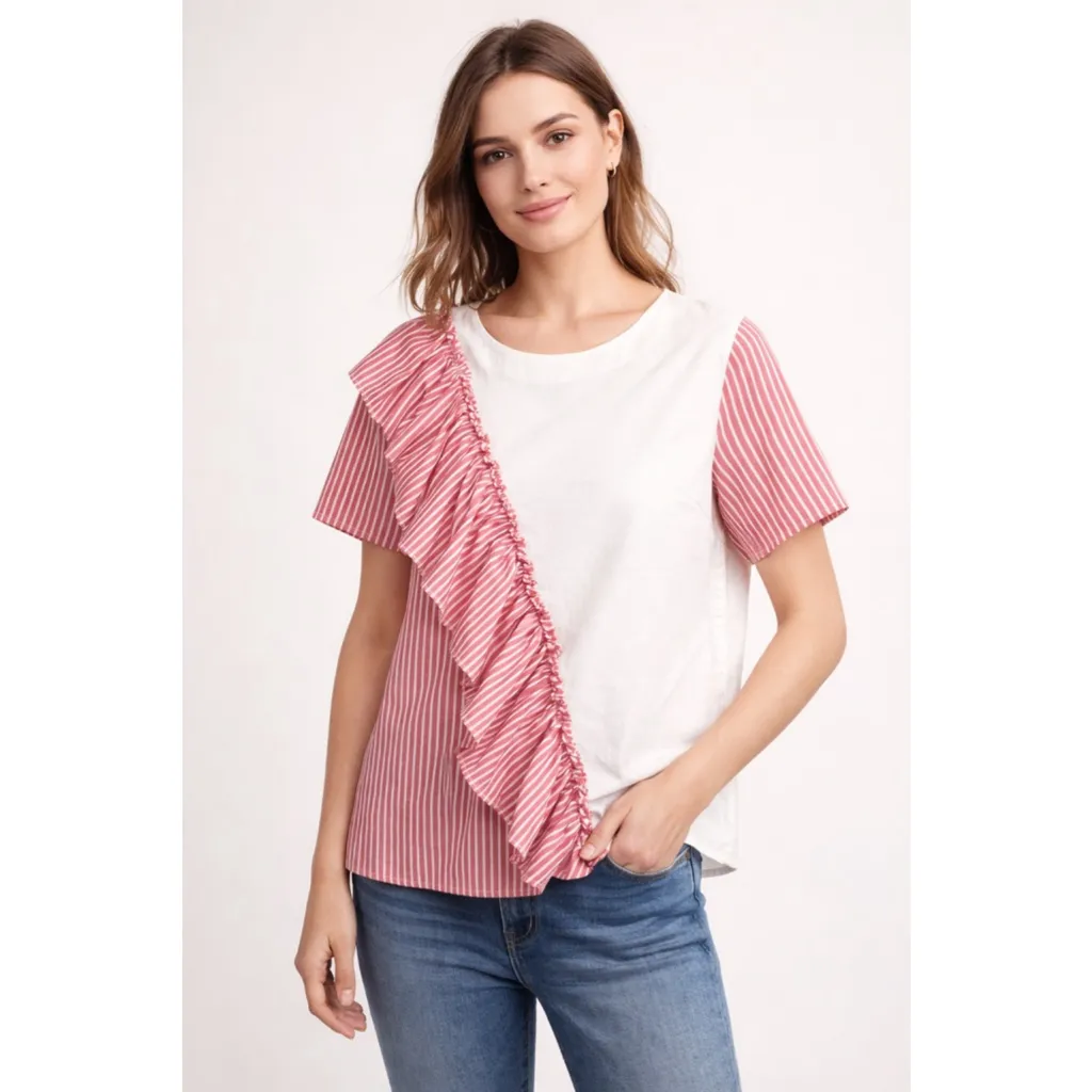 Halogen Small Asymmetrical Ruffle Top Red White Stripe Short Sleeve Cotton - Image 5