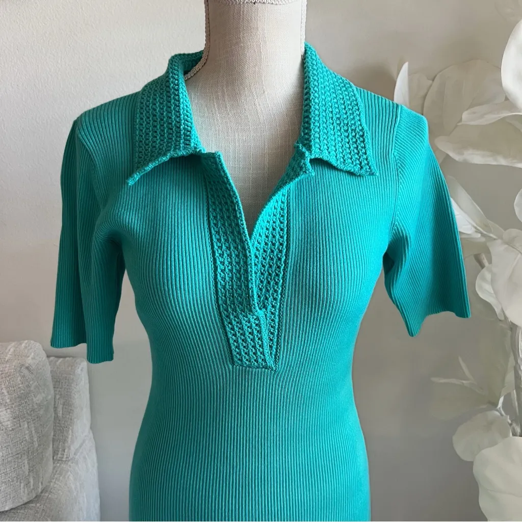 Caroline Constas Vibrant Teal Knit Ribbed Crochet Collar Bodycon Dress Size L - Image 2