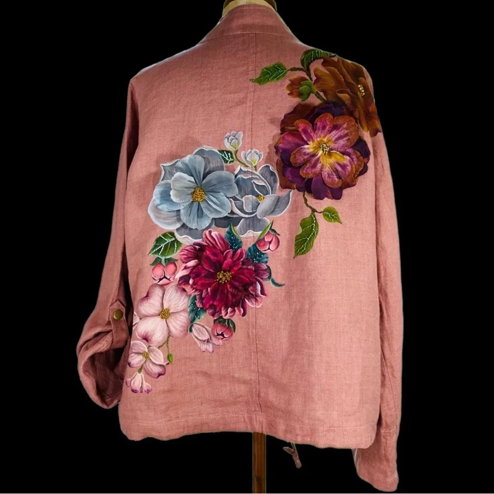 Beautiful Hand Painted Floral & Beaded Linen Jacket Sz L Pink Size L - Image 3