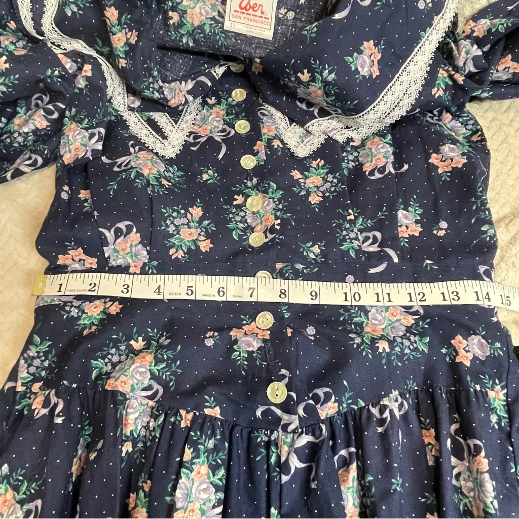 Vintage Eber Navy Midi Floral Dress Lace Collar Women sz 13 80s/90s Cottagecore Blue - Image 12