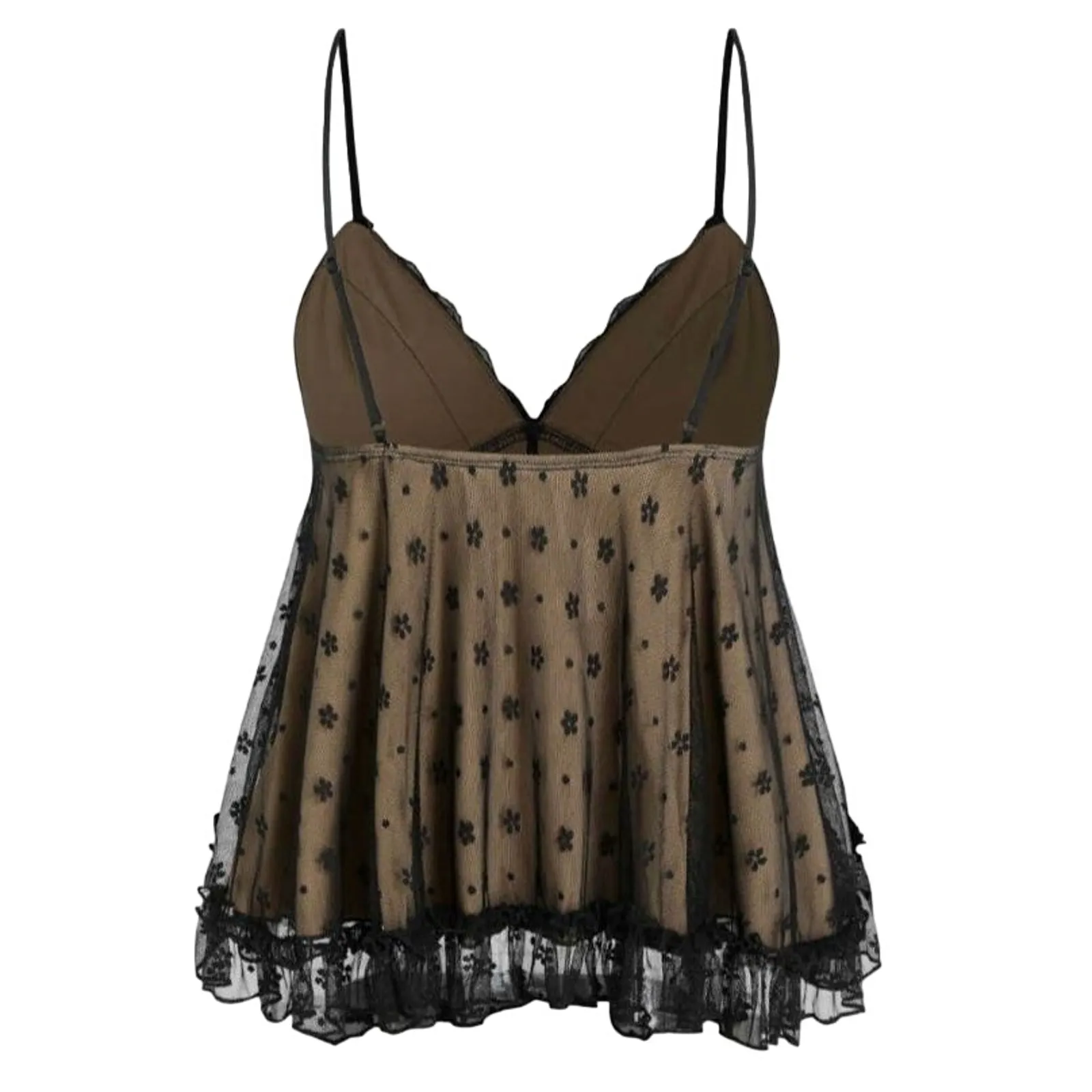 NWT Sexy Floral Lace V Neck Ruffle Cami Stretch Top Adjustable Strap M Black Tan - Image 4