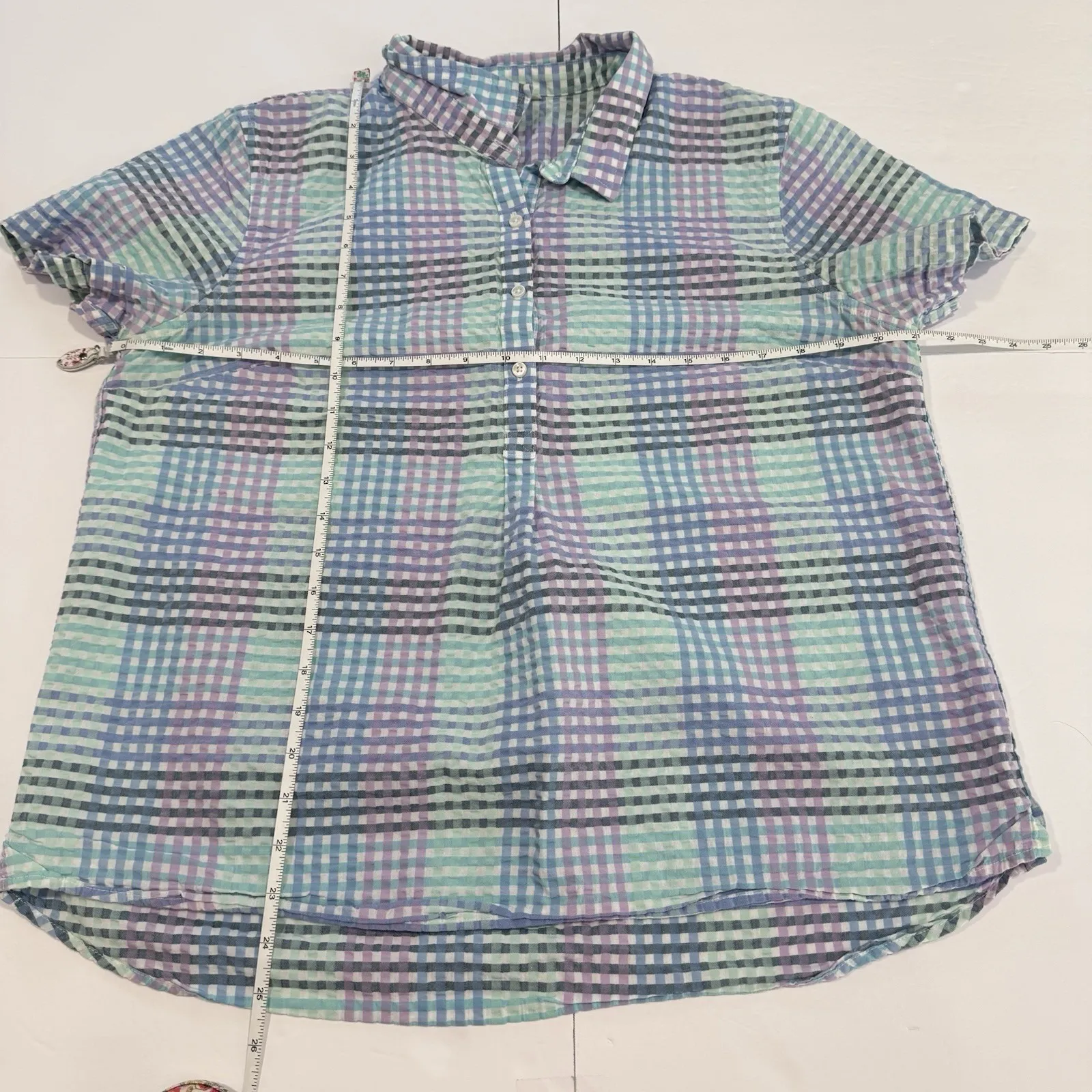 LL Bean Vacationland Seersucker Short Sleeve Popover Plaid Shirt Size LARGE - Image 8