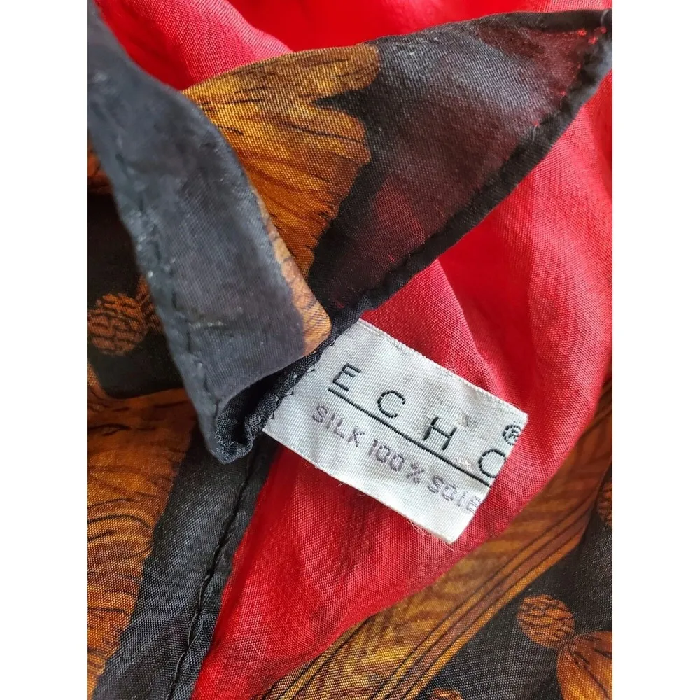 ECHO Scarf BAROQUE Squares Red Navy Blue Gold Tassle Print 100%‎ SILK w/Flaws - Image 4