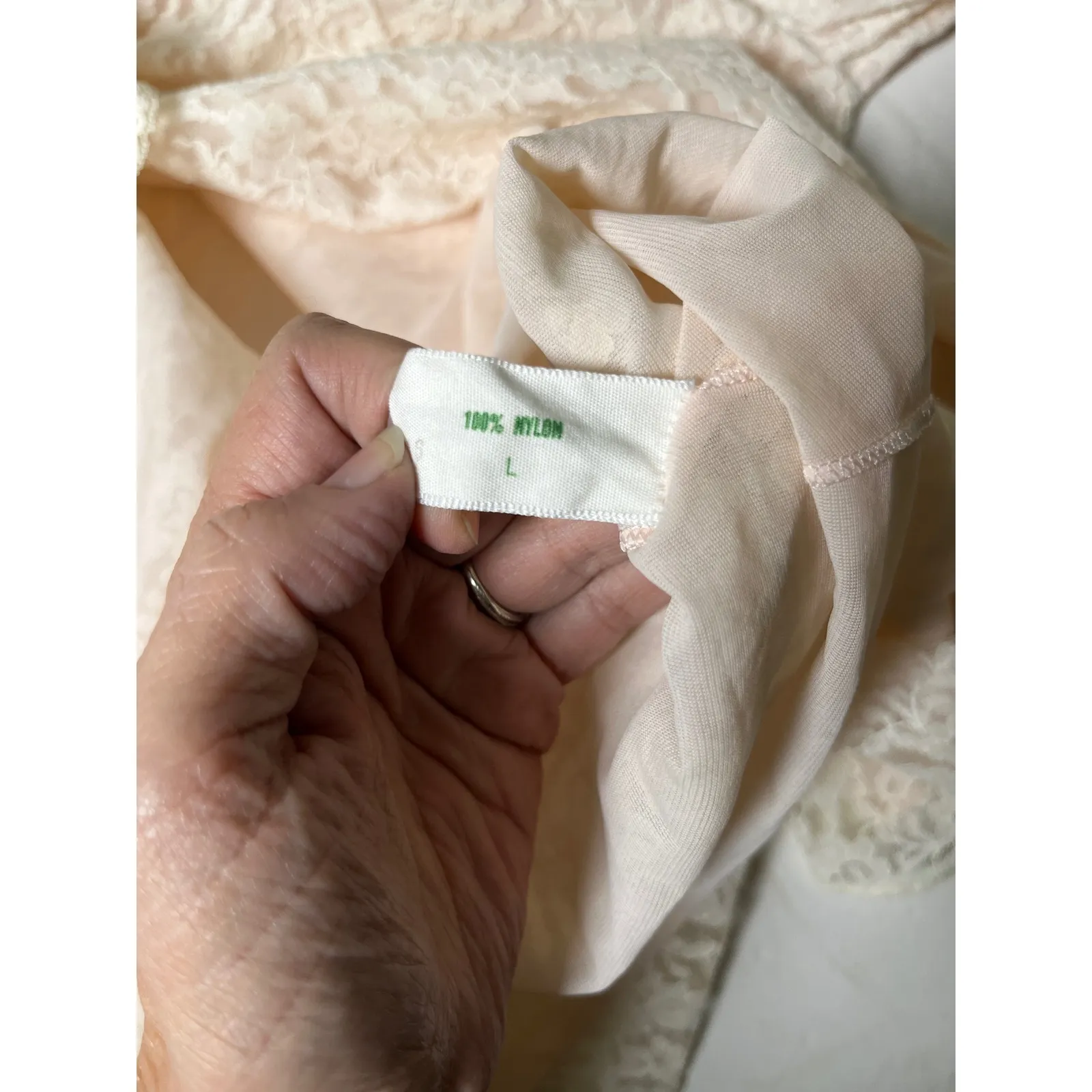 Vintage Lady Irene Lace Ruffle Peignoir Robe L Ivory Pink Ribbon Nylon Nightgown Tan Size L - Image 7