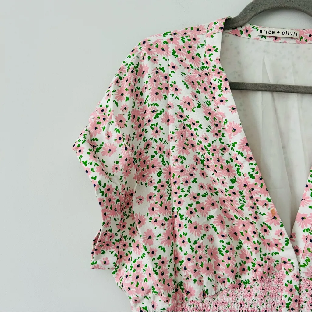 Alice + Olivia Keela Smocked Waist V Neck Cap Sleeve Dress Pink White Floral 10 - Image 4