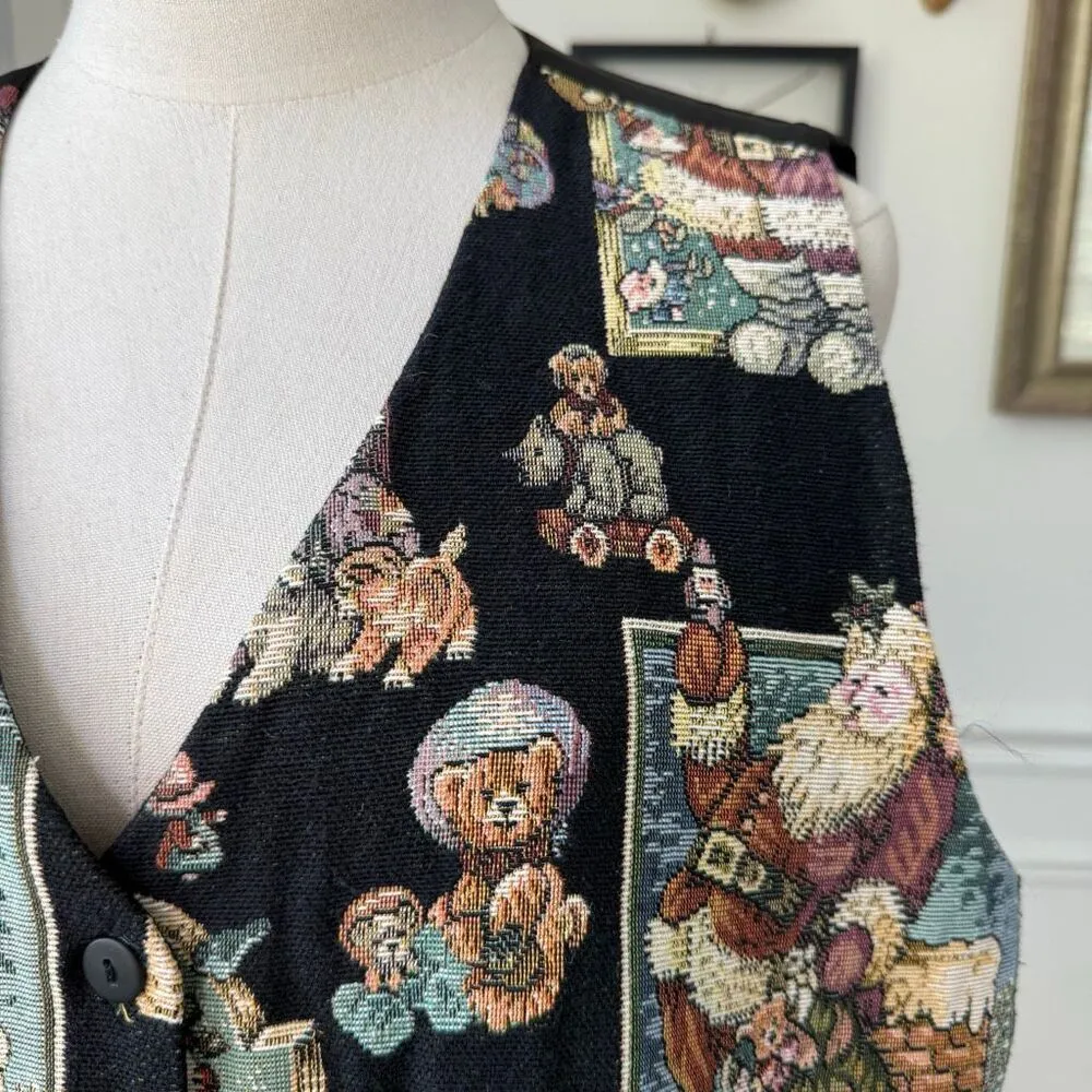 Vintage 90s Cleo Santa Christmas Teddy Bear Dog Cat Tapestry Vest L Black Size L - Image 2