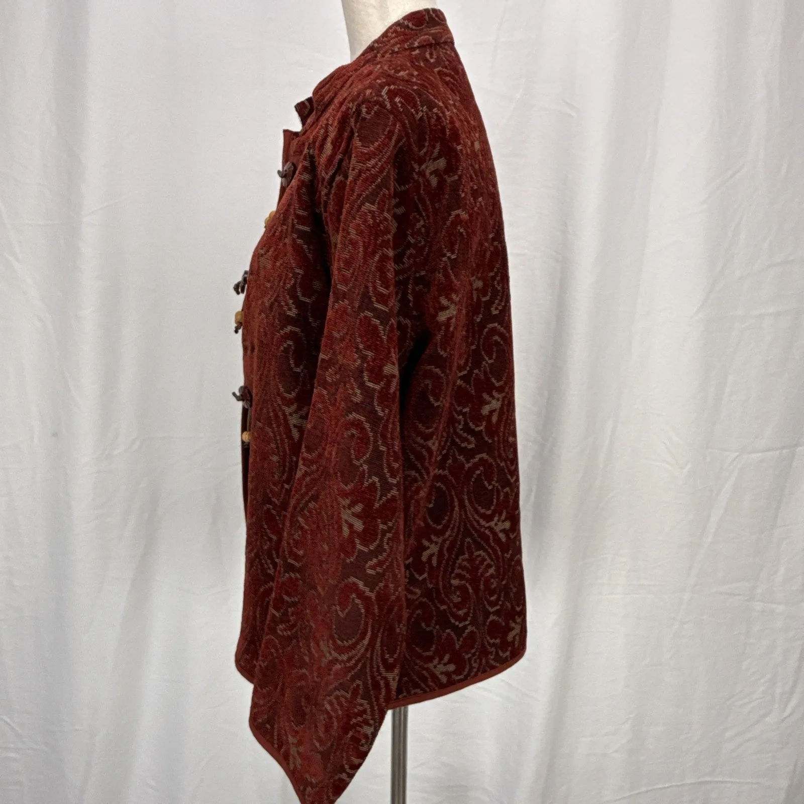 Flashback 90s Vintage Maroon Tapestry Jacquard Jacket Size XL Tassel Buttons Red - Image 4