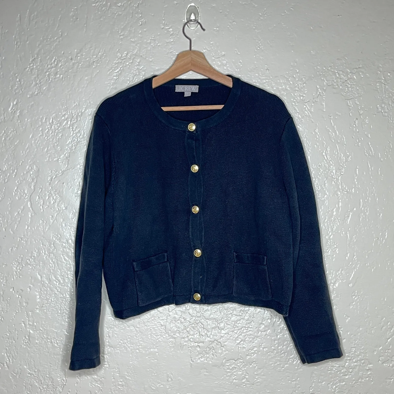 J.Crew Women's Emilie Sweater Lady Jacket Gold Button Cotton Cardigan Size XL Black - Image 2