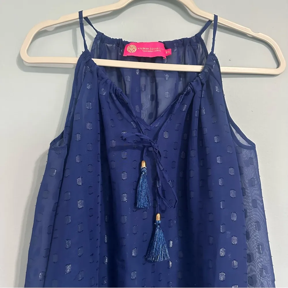 🦋 Macbeth Collection Sheer Navy Blue Open Shoulder Long Sleeve Blouse XS - Image 2