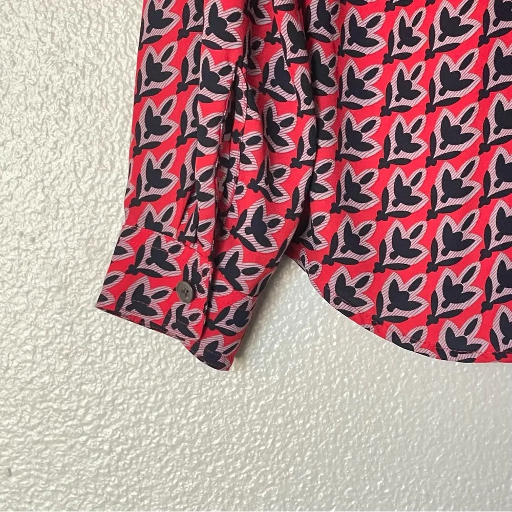 Ann Taylor Loft Button Up Red/Blue Silky Plant Print Shirt Size XS - Image 8