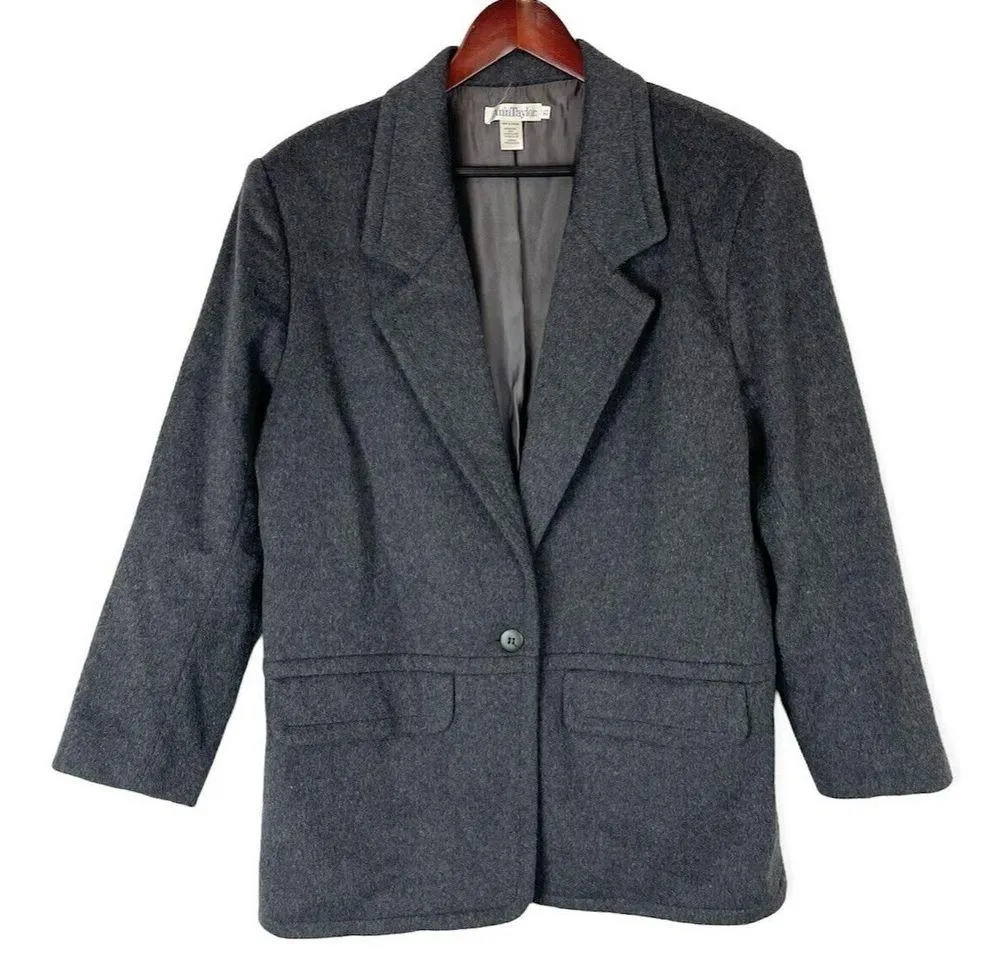 Vintage ANN TAYLOR size 12 Gray wool Cashmere one button blazer Coat relaxed fit - Image 6