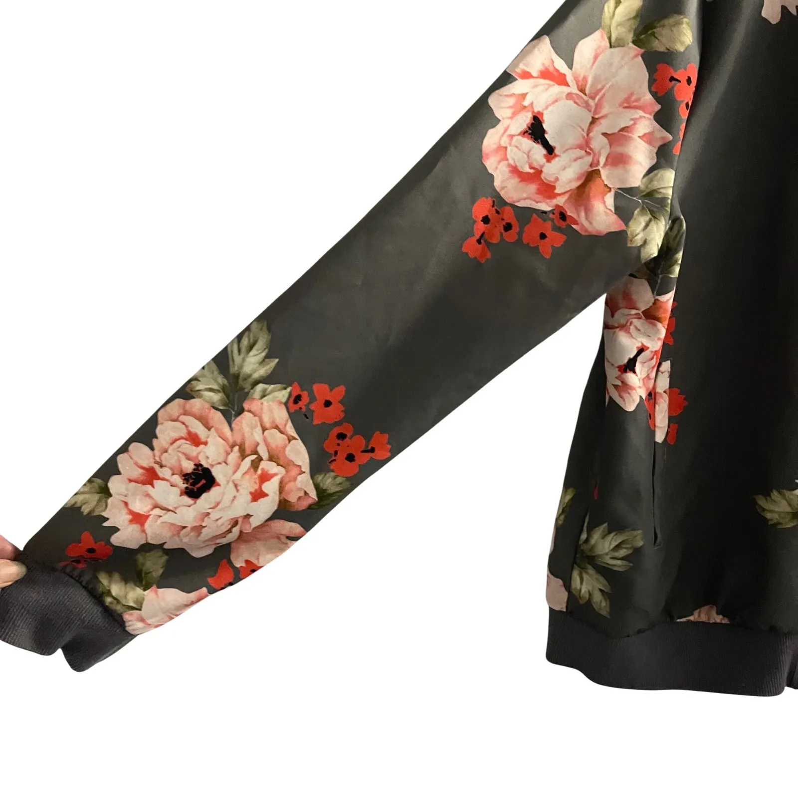 A Dip Of Darling Floral Bomber Jacket XXXL Grey Pink Red Botanical Print Zip Up Gray Size undefined - Image 4