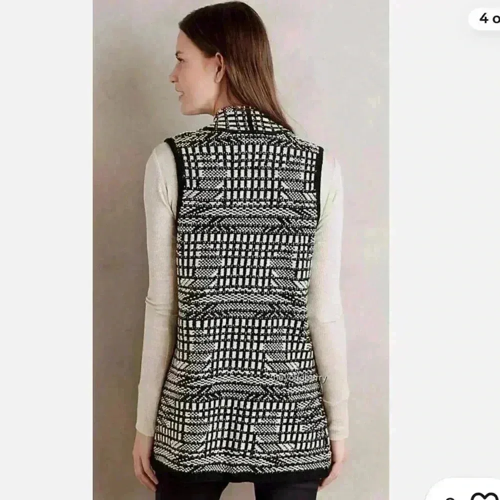 Anthropologie Angel of the North Roenne Cardigan Vest Black White Knit Sz Medium - Image 4