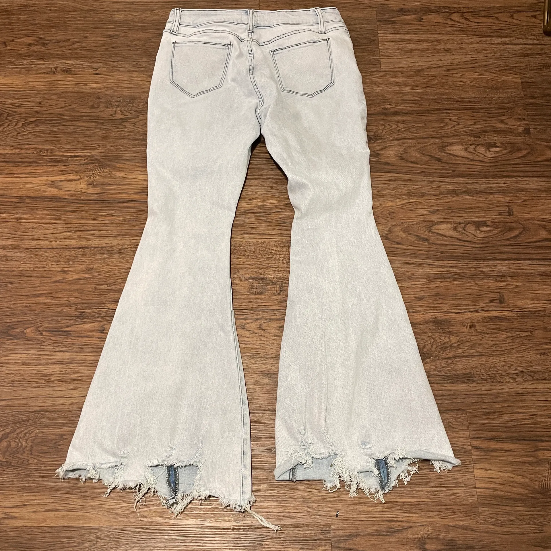 Raw Distressed Hem Flare Button Up Jeans Light Blue Size 31 - Image 11