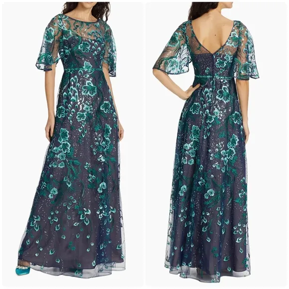 NEW Marchesa Notte Gown Womens 10 Sequin Embroidered Tulle Formal Maxi Dress Blue - Image 2