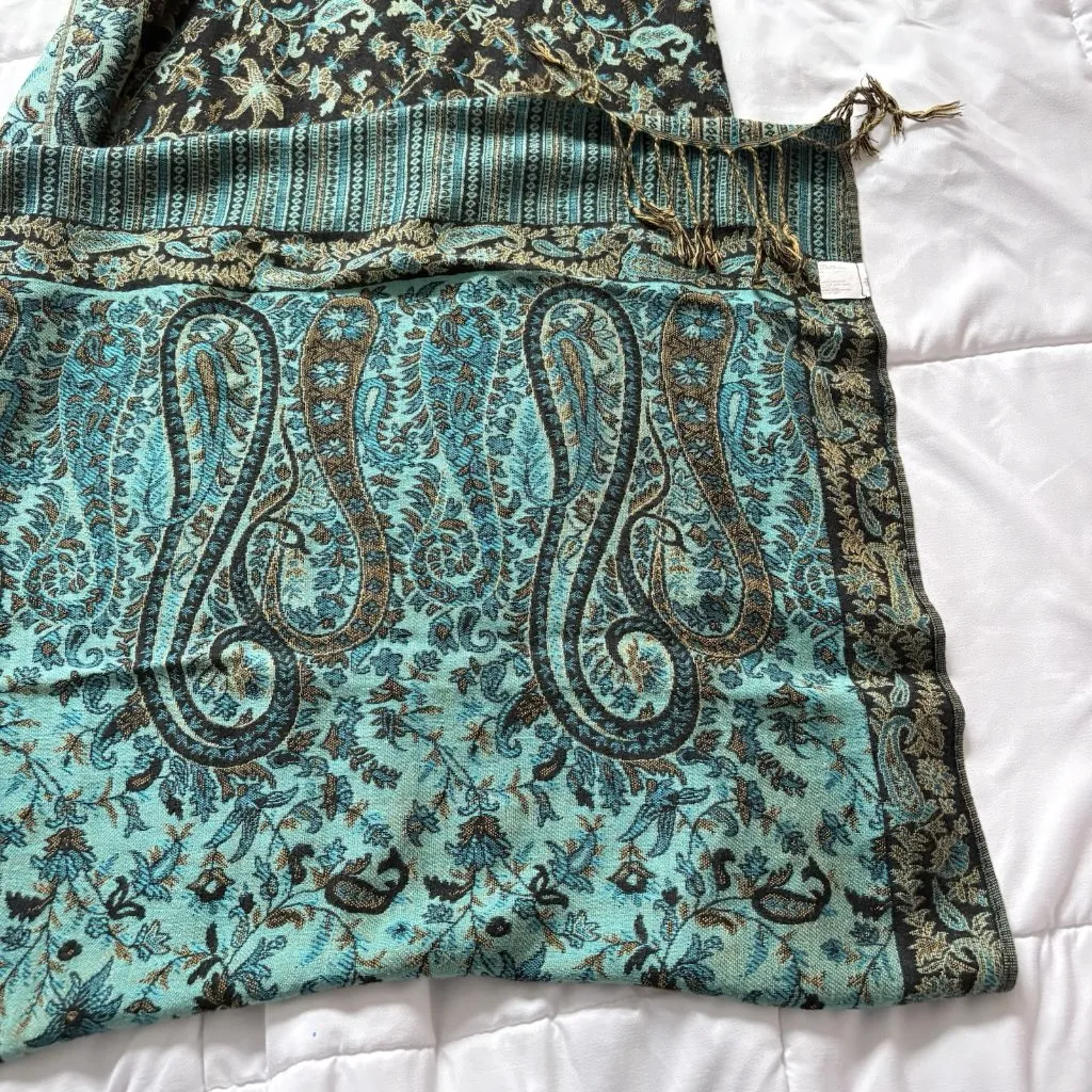 Metallic Tapestry Ethnic Paisley 100% Pashmina Scarf Turquoise Blue Gold Winter - Image 6