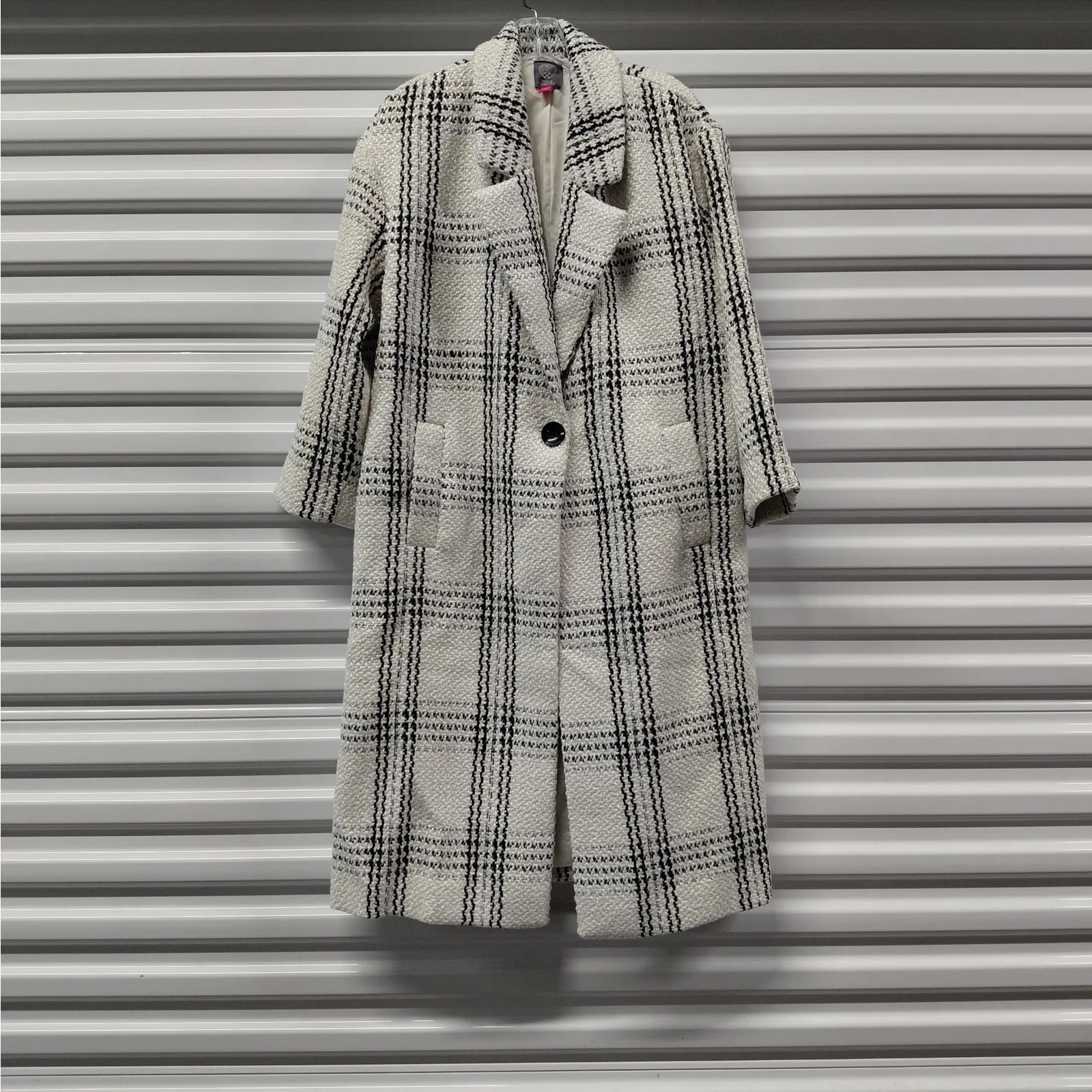Vince Camuto Women’s Plaid Tweed Coat Size Small Ivory Black Longline Jacket - Image 3
