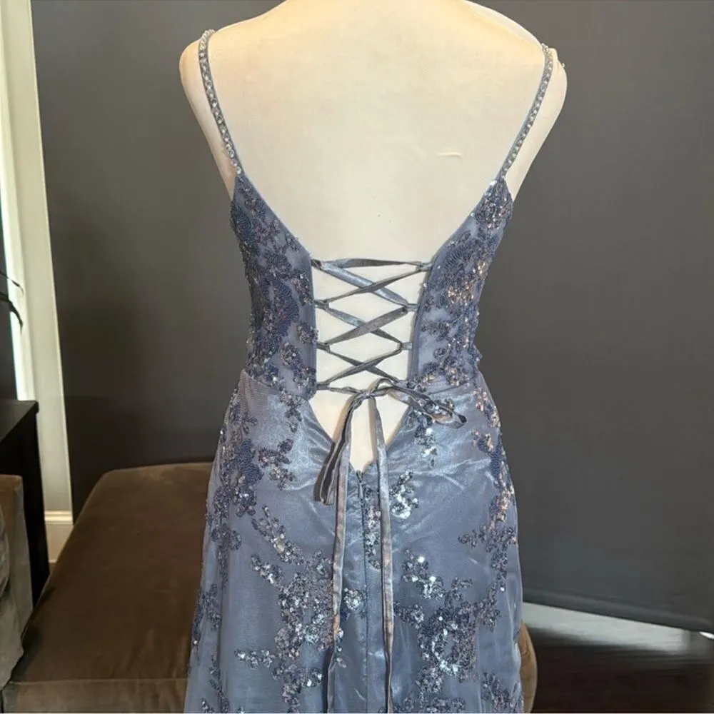 Women’s Blue Mermaid Fit Dress Sparkly Sequins LaceUp Back Leg Slit Size 4 *READ - Image 12