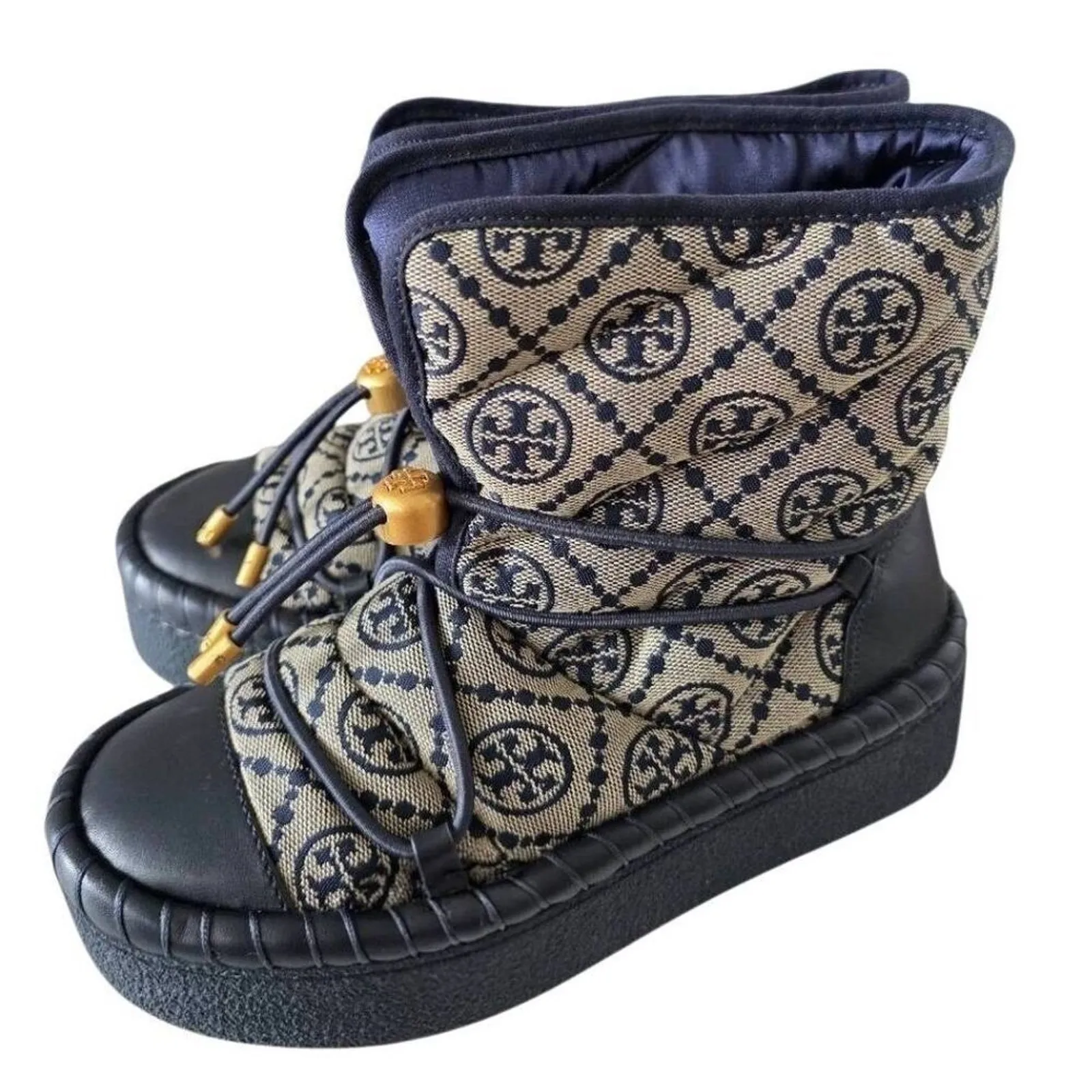 Tory Burch T Monogram Boot 5 Logo  Navy Gold Platform Bootie Shearling Footbed - Image 2