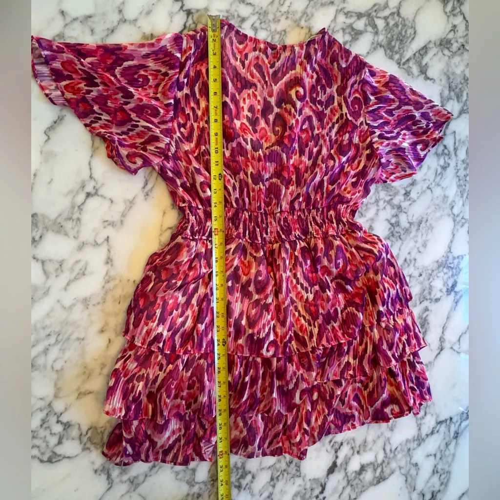 EUC Zara Vibrant Printed Metallic Pink Purple Patterned Tiered Mini Dress Sz XL - Image 11