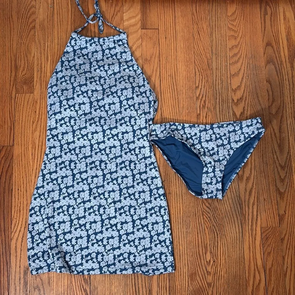 Andie Baja Halter Swim dress + Bikini Bottom Denim Floral Blue sz Small NWOT - Image 7