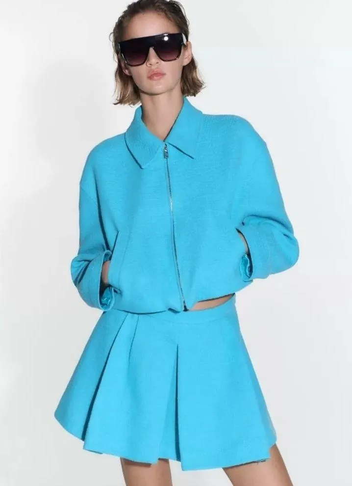 ZARA Cropped Bomber Tweed Weave Textured Zip Jacket Blue Size XS NEW - Image 8