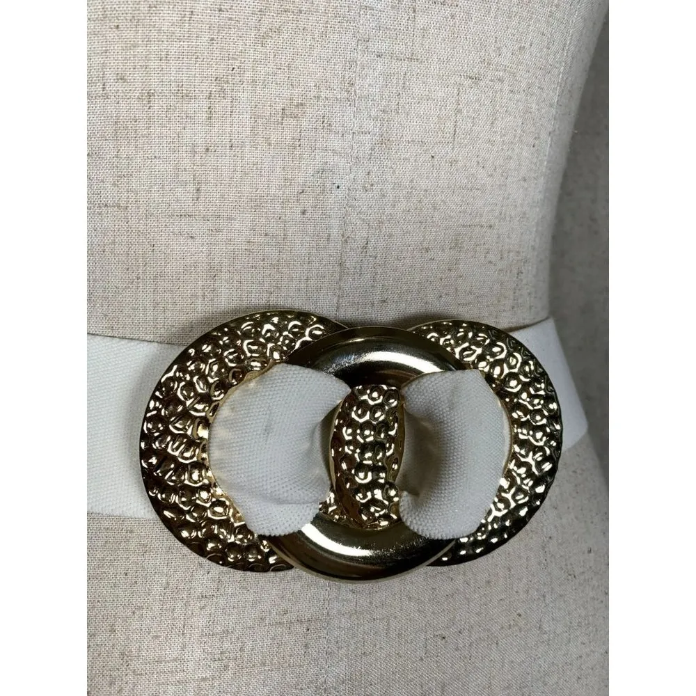 Vintage Statement Belt Womens Gold Accent White Elastic Waist 90s Retro Wide - Image 11