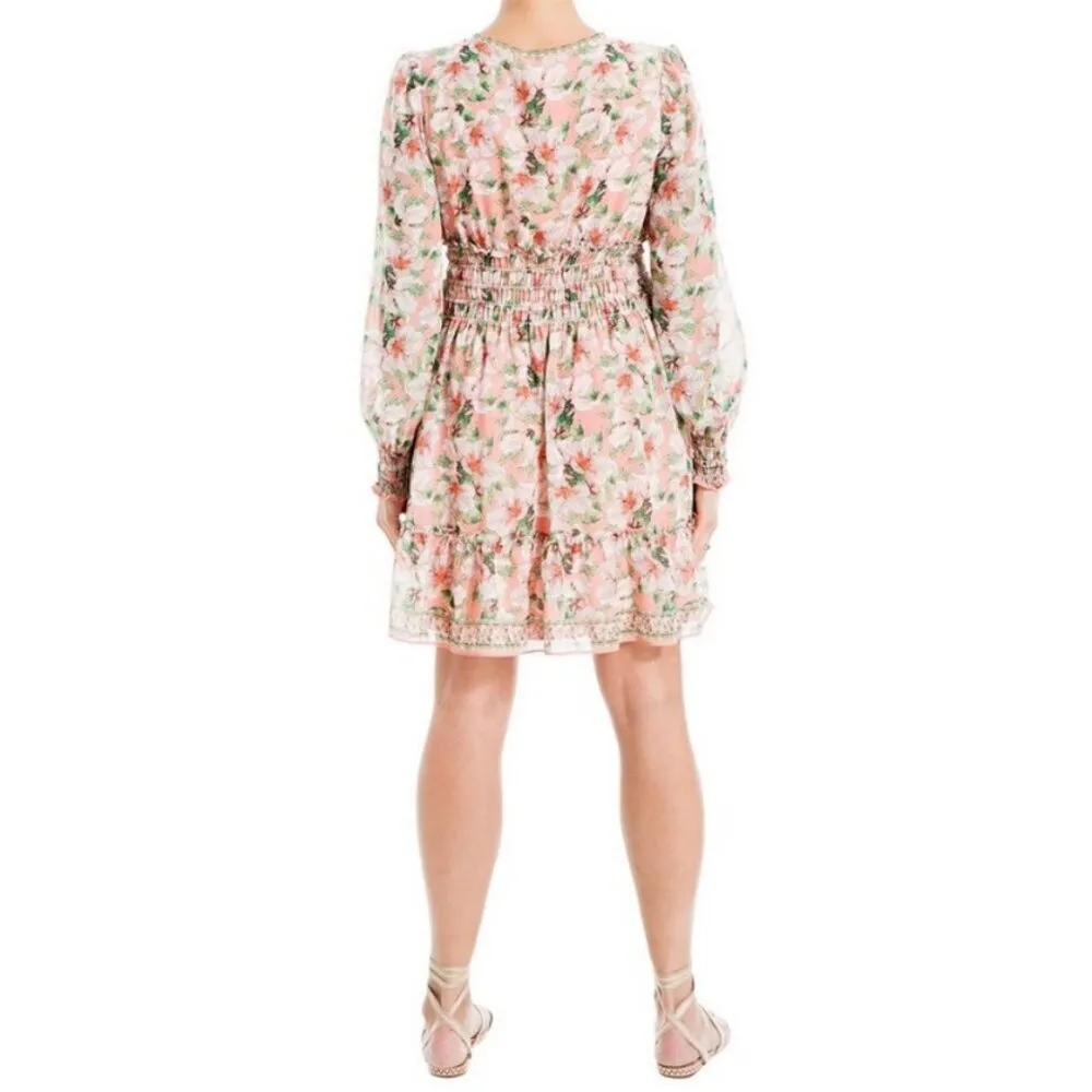 MAX STUDIO Geometric Floral Print Smocked Waist Dress Coral Green Hibiscus L NWT - Image 12