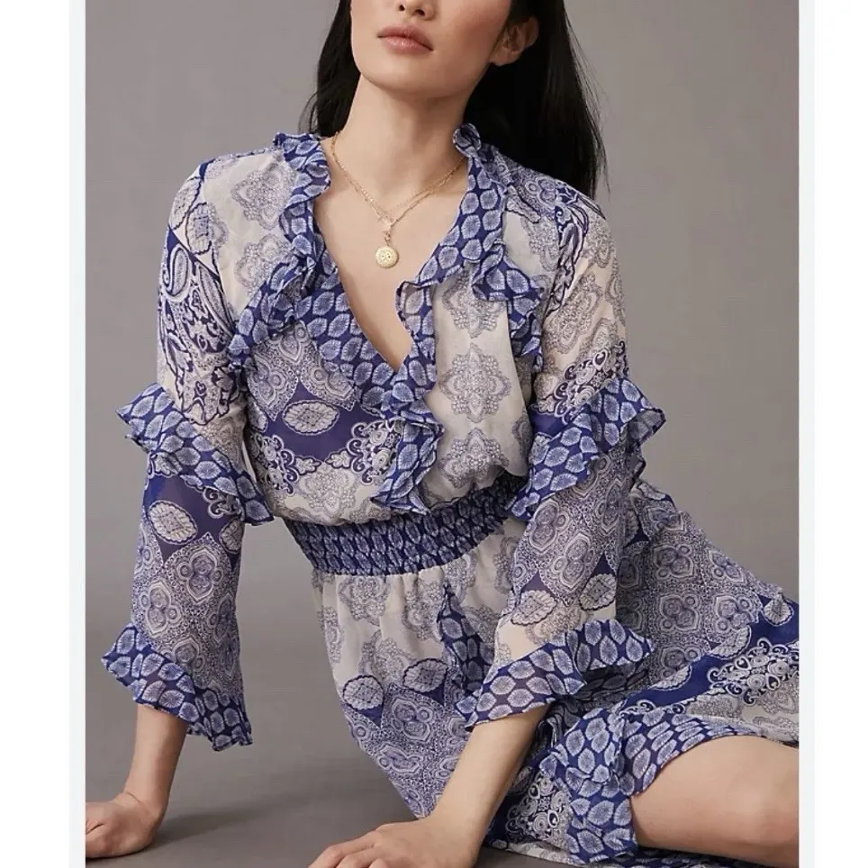 MISA Blue Majorelle Mixed Tile Farah Ruffle Boho Hi Low Maxi Dress MEDIUM - Image 3