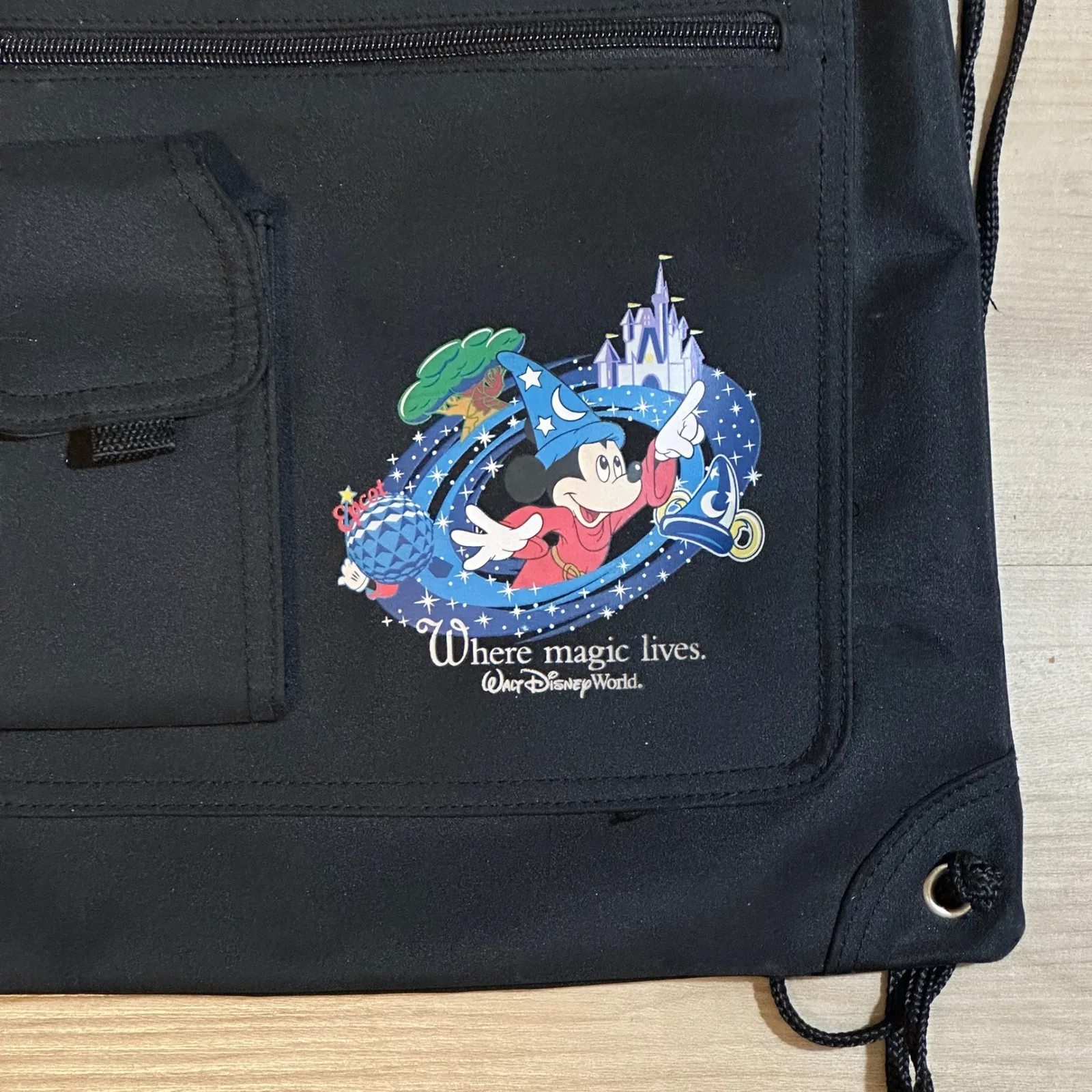 Disney World Mickey Mouse Sorcerer Magic Drawstring Backpack Black Stash Bag - Image 3