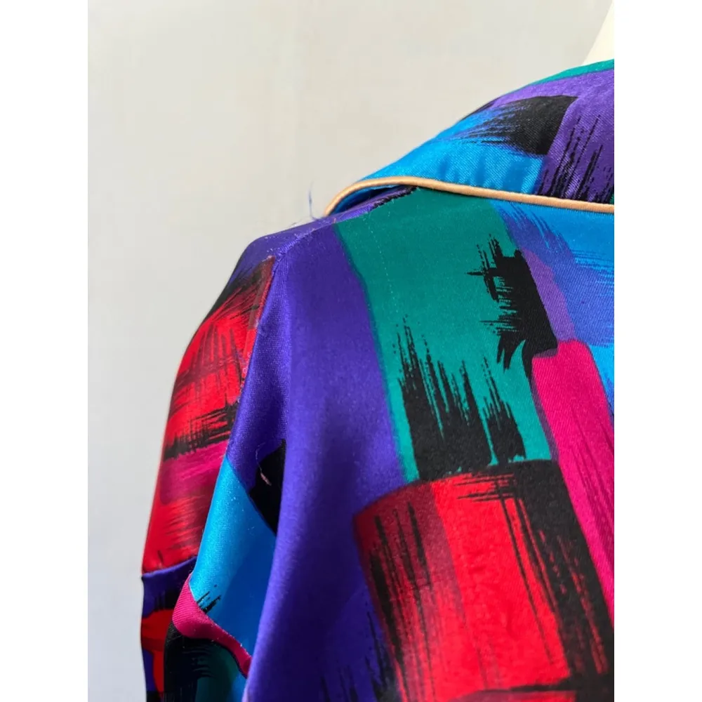 Adolfo 90s Multicolor purple pink swirl Satin sleepwear pajama shirt Dress Med - Image 9