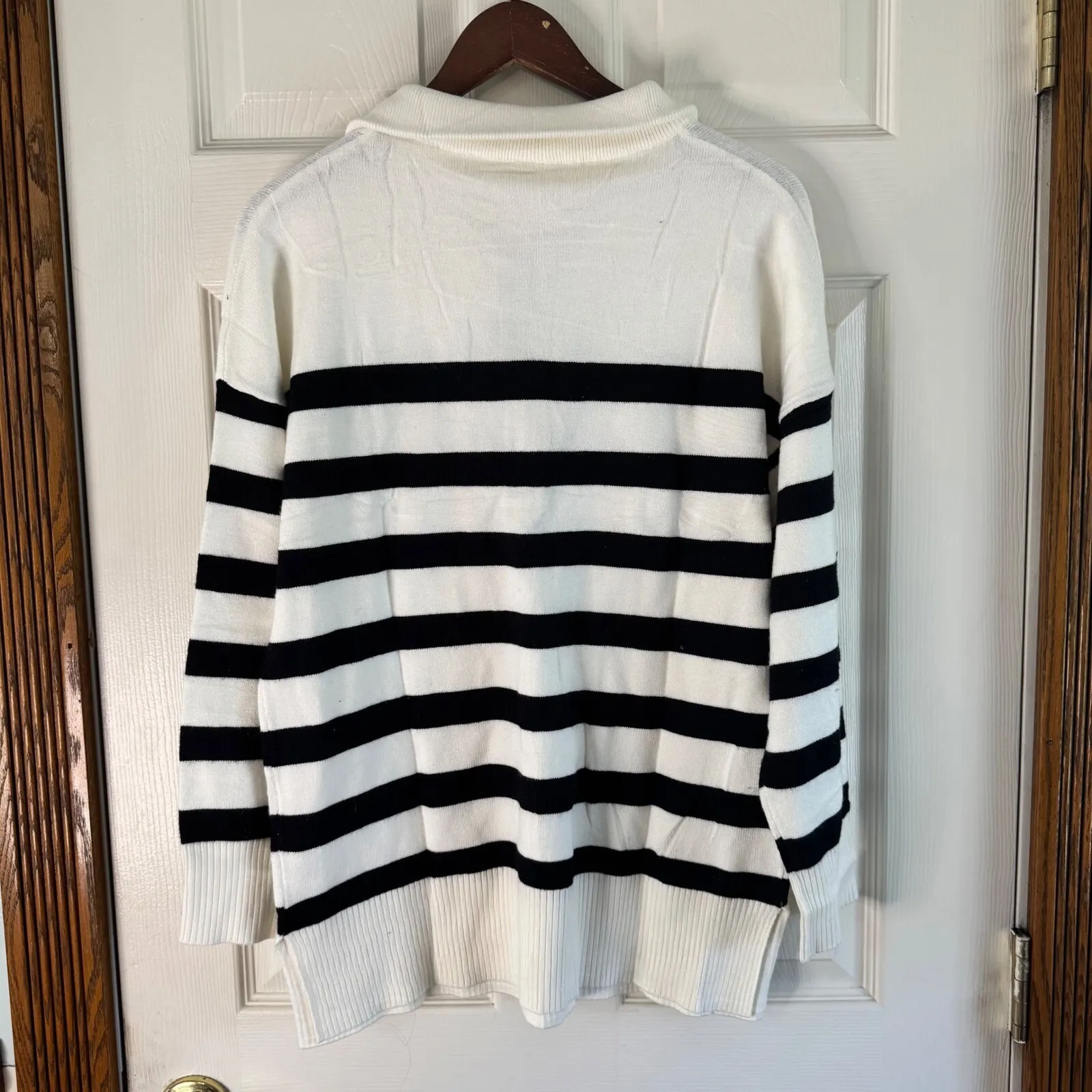 WIHOLL‎ Striped Pullover Sweater Quarter Zip Tunic Top Oversized Medium Black - Image 2