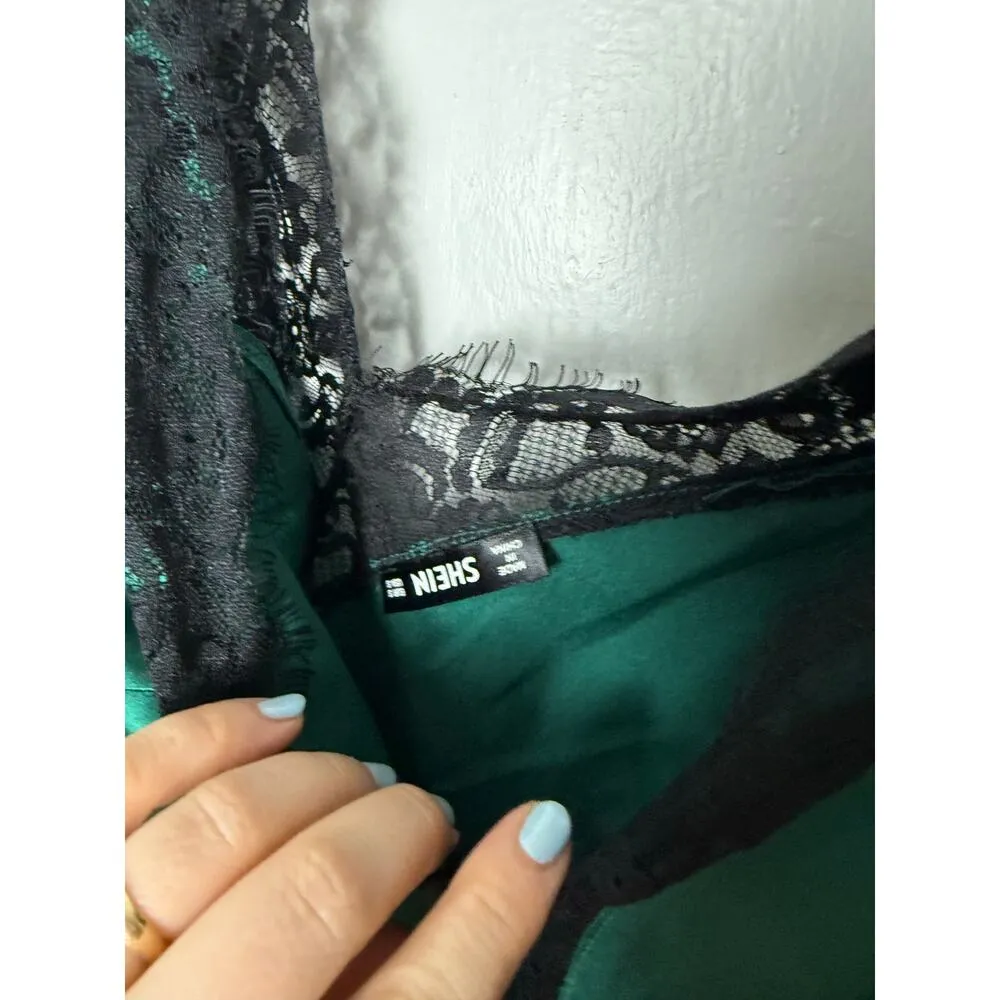 SHEIN Women's Green Satin Black Lace Cute Going Out Tank Top Size Small Goth - Image 3