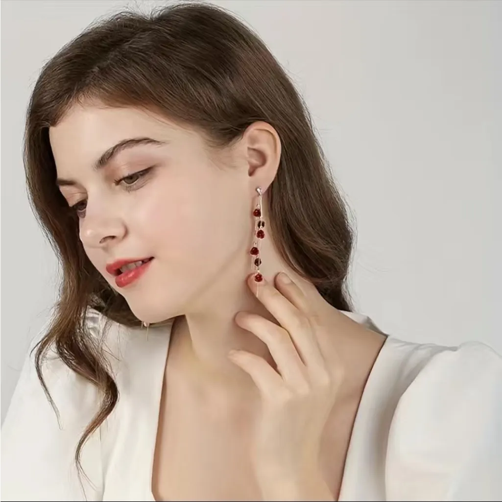 Elegant Style‎ Red Rose Flower Tassel with Shiny Zircon Decor Gold Plated Dangle - Image 2