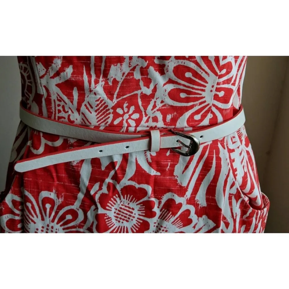 Nine West Printed Sheath Dress Floral Red White Pockets Belt 8 - Image 6