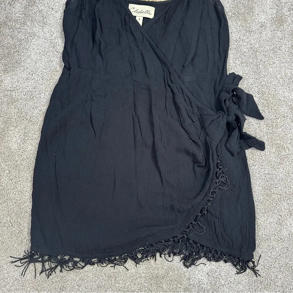 Cleobella Aria Wrap Tassel Fringe Rayon Mini Dress V-Neck Boho Black Size S - Image 5