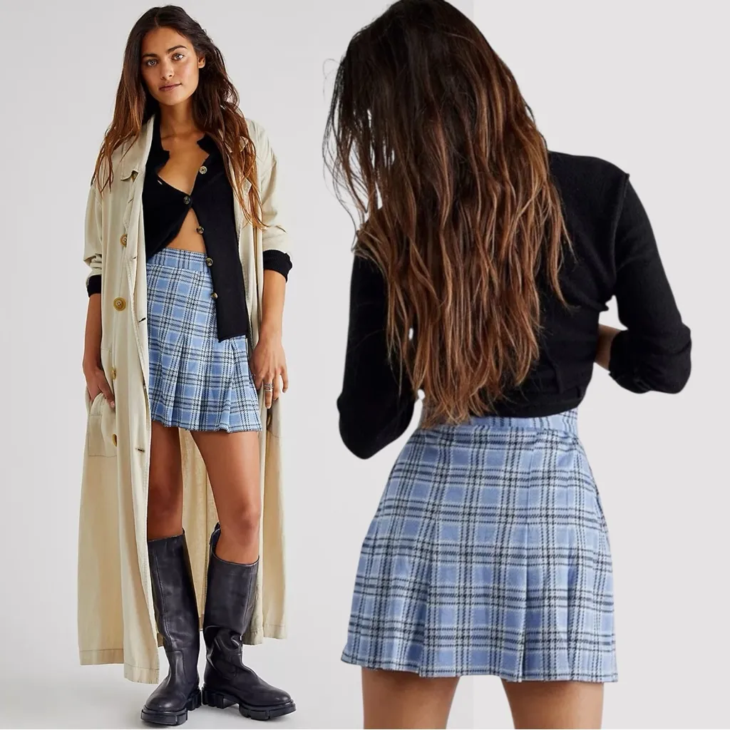 Free People Grunge 90s Schoolgirl Plaid Honey Pleated Skirt Ocean Blue 12 Punk - Image 5