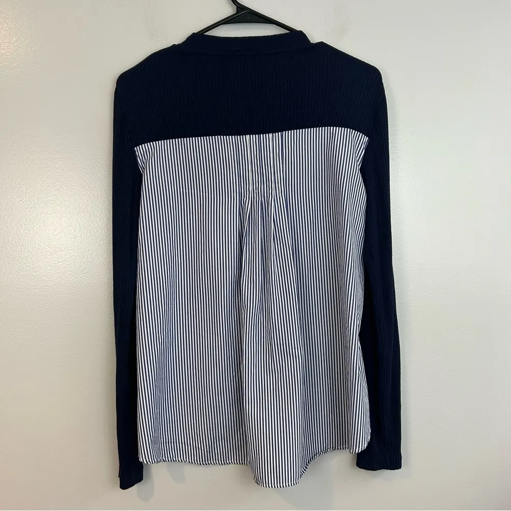 Sandro Blue Striped Knit Mixed Fabric Long Sleeve Top Size Large - Image 2