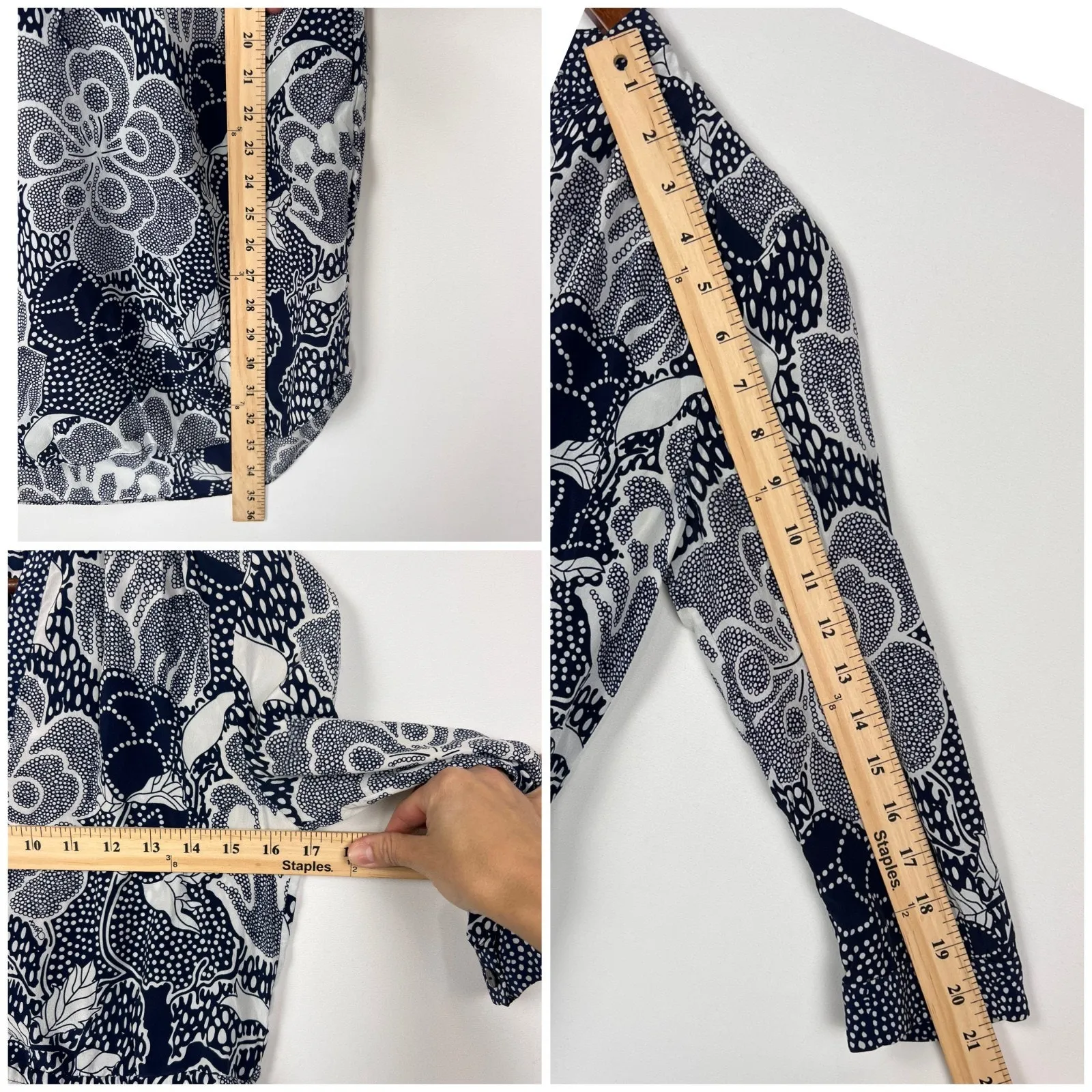 DVF 100 % Silk Floral Dress SZ 2 Blue White Tie Waist Knee length 3/4 sleeves - Image 4