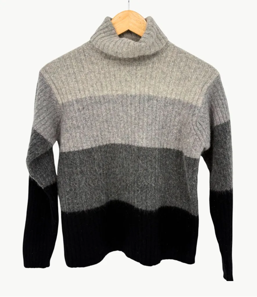 Vintage 90s SKYR Lambswool Angora Ribbed Stripe Turtleneck Sweater | Sz M | Gray Black Size M - Image 1