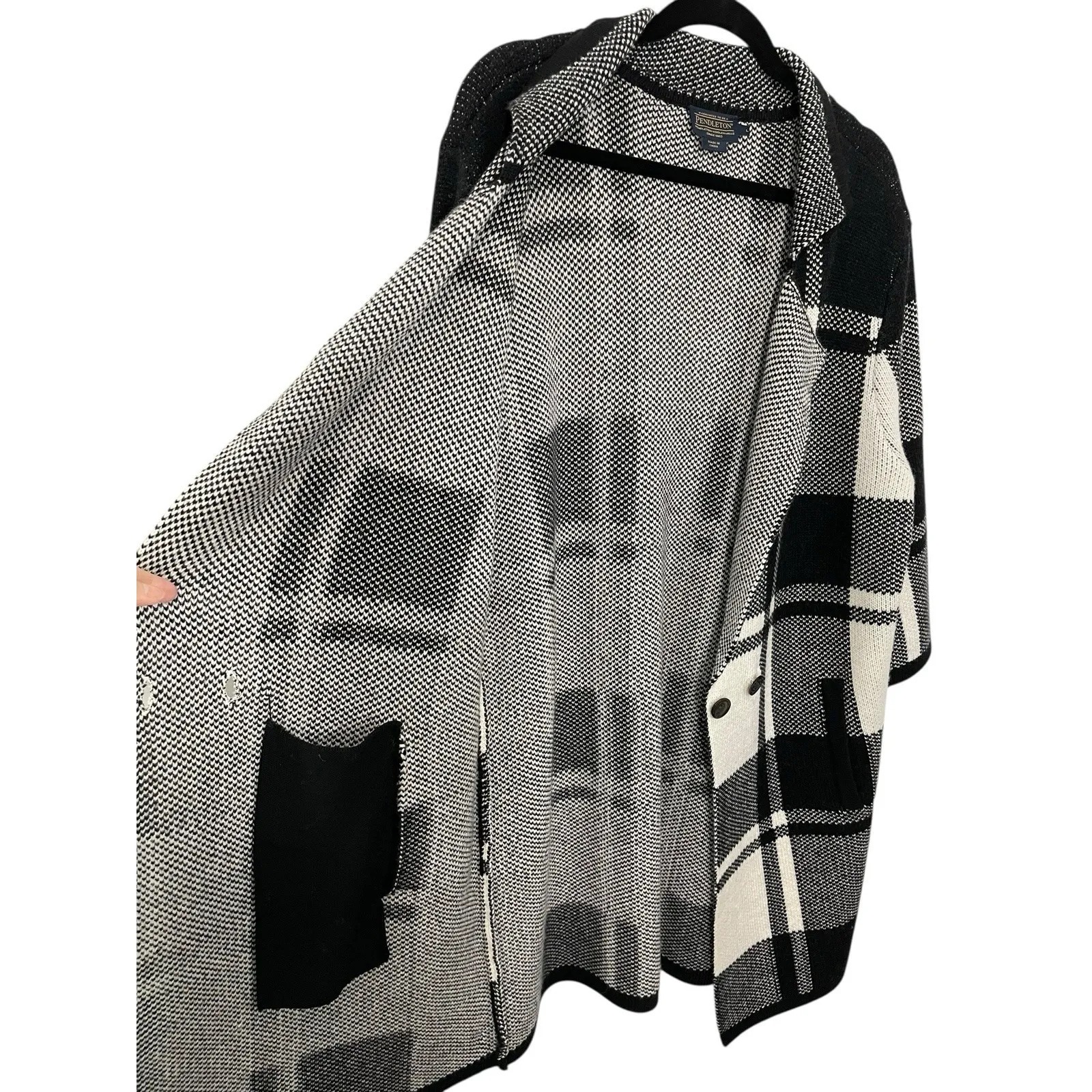 Pendleton Merino Wool Coatigan LARGE Black White Plaid Sweater Cardigan Jacket - Image 7