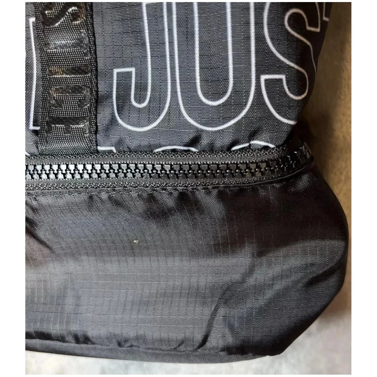 Justice Tote Bag Black White Logo Print Bottom Zip Compartment Travel New - Image 7