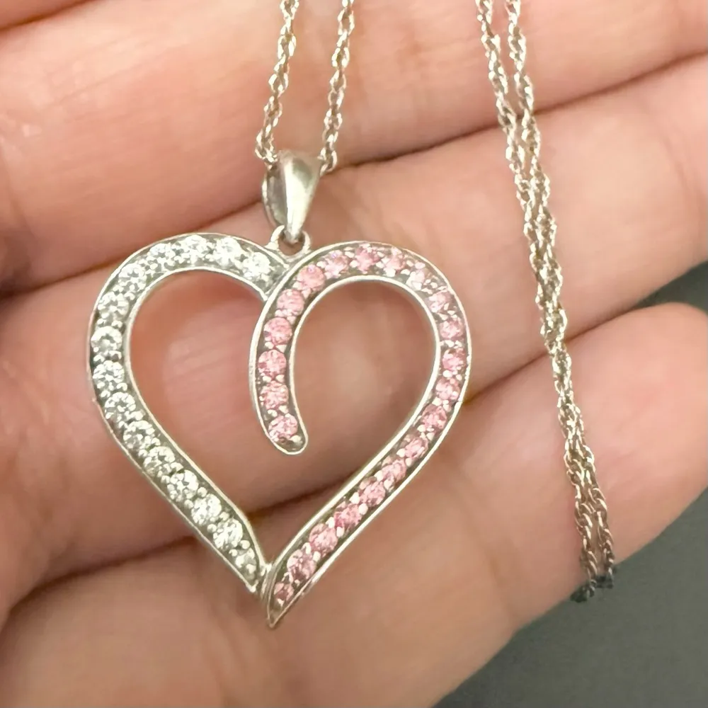 Vintage 925 Sterling Silver Pink Clear Pave Crystal Open Heart Pendant Necklace - Image 7