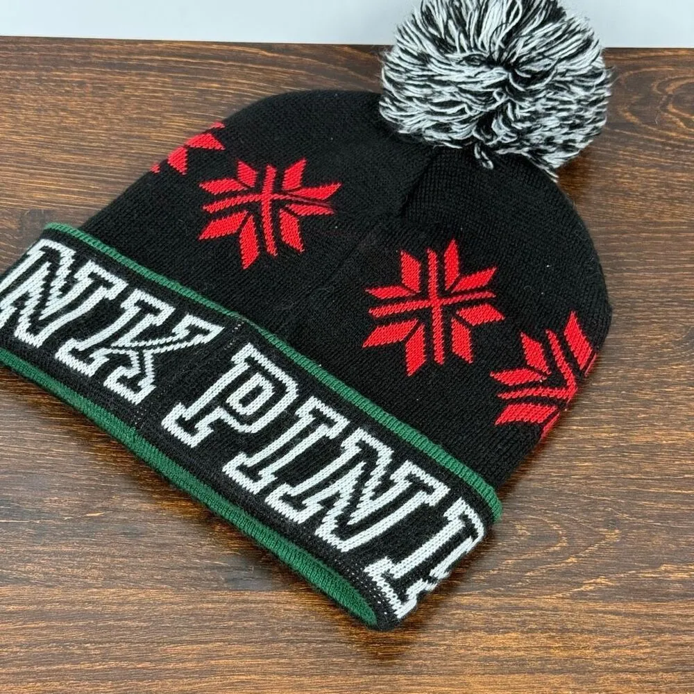 PINK Victoria's Secret Women’s Pom Pom Knit Hat Green Red Black White OS - Image 2
